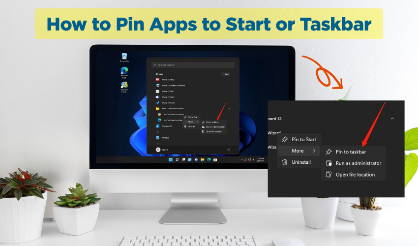 pin apps, start menu shortcut, taskbar apps